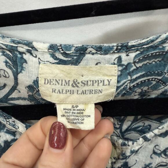 Denim & Supply Ralph Lauren White Teal Embroidery Top Babydoll 100% Cotton Small - Picture 2 of 6